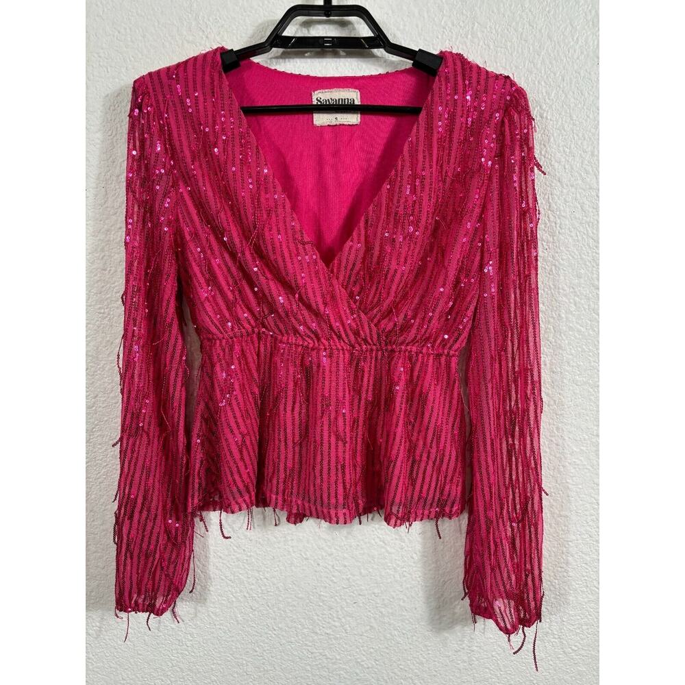 Savanna Jane Top Womens Small Fuchsia Pink Long Sleeve Sequin‎ V Neck